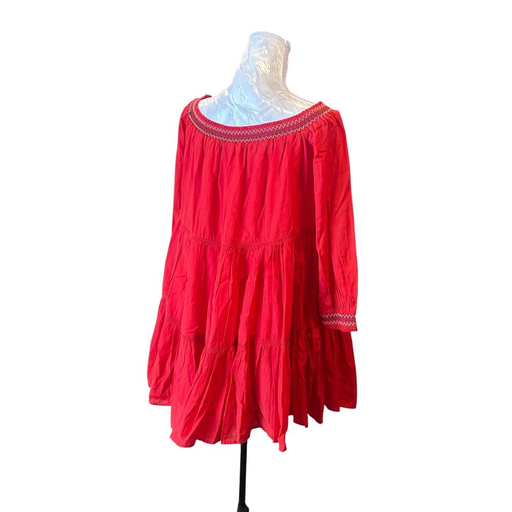 Free People Red Tiered Mini Dress Womens Sz Medium Sunbeams Embroidered Boho - Picture 5 of 16